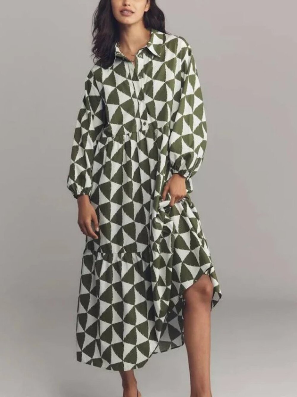 Anthropologie MAEVE The Bettina Tiered 100% Cotton Shirt Dress Green Print - Picture 3 of 7